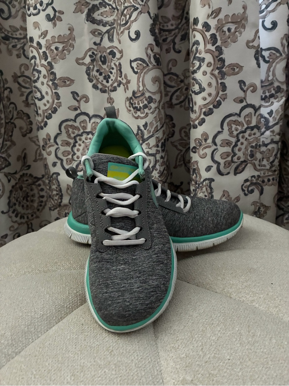 Skechers Gray Knit Sneakers with Teal Accents